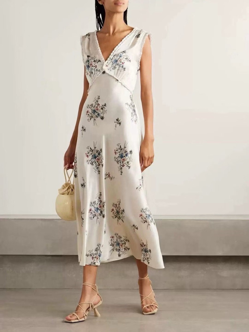 DOEN Tahlia lace-trimmed floral-print silk-charmeuse midi dress, XS